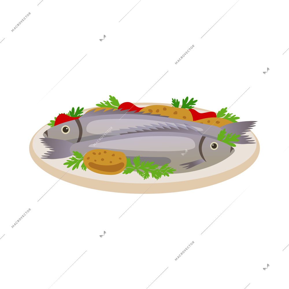 Cooked fish with vegetables on plate flat vector illustration