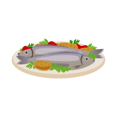 Cooked fish with vegetables on plate flat vector illustration