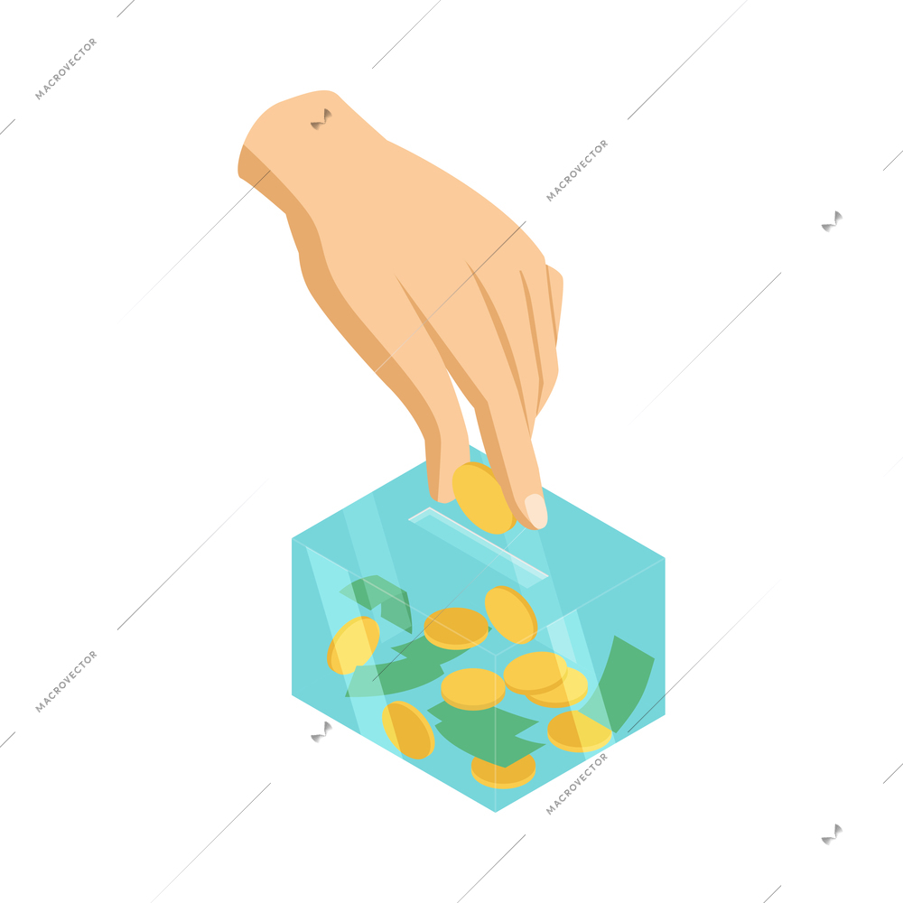 Isometric charity icon with human hand donating money 3d vector illustration