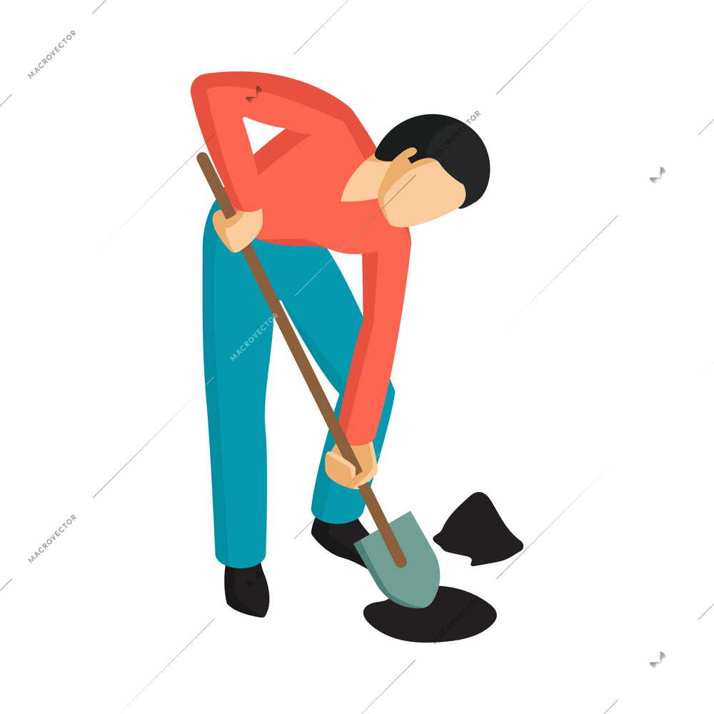 Isometric gardener digging soil with shovel 3d vector illustration