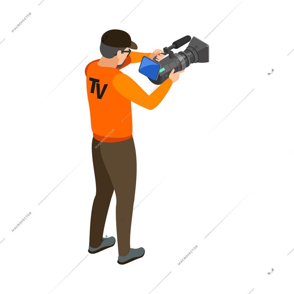 Tv cameraman with professional camera on white background 3d isometric vector illustration