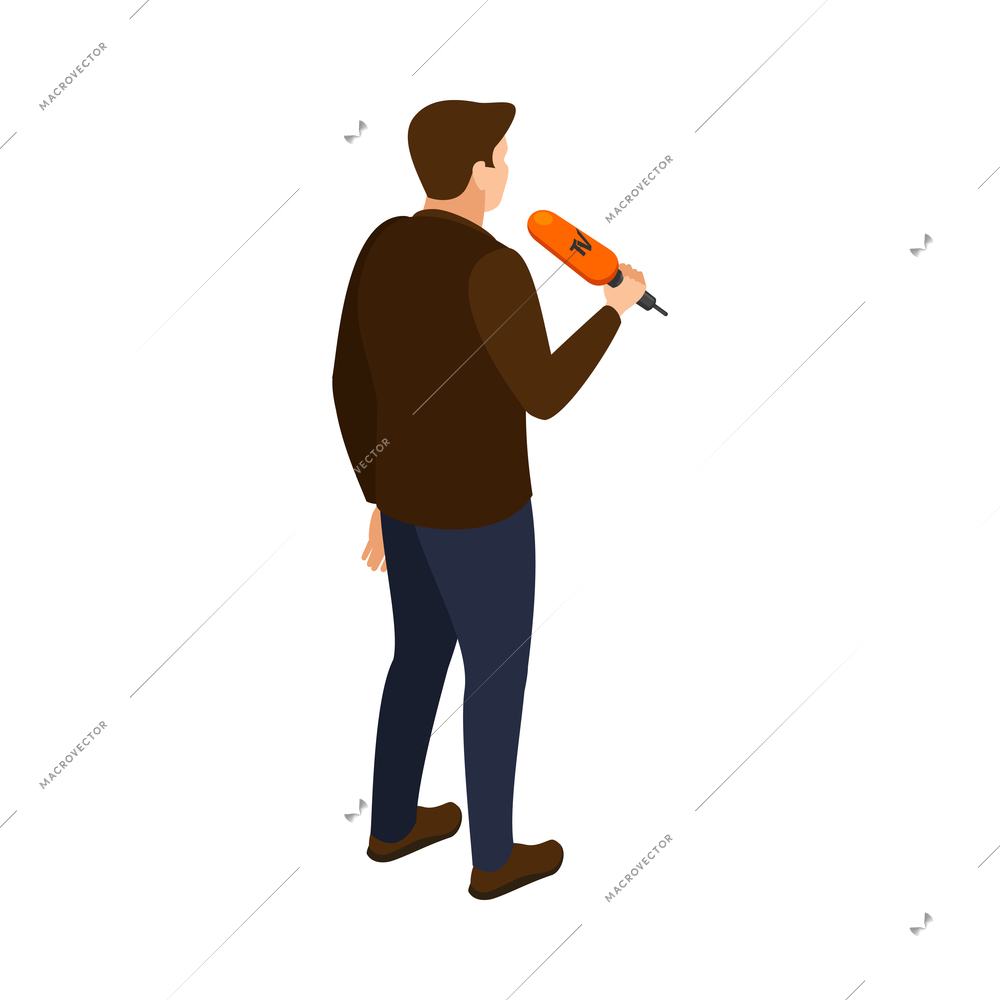 Isometric character of male tv reporter or presenter back view 3d vector illustration