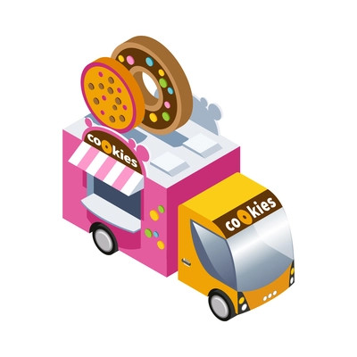 Isometric food truck vending cookies on white background 3d vector illustration