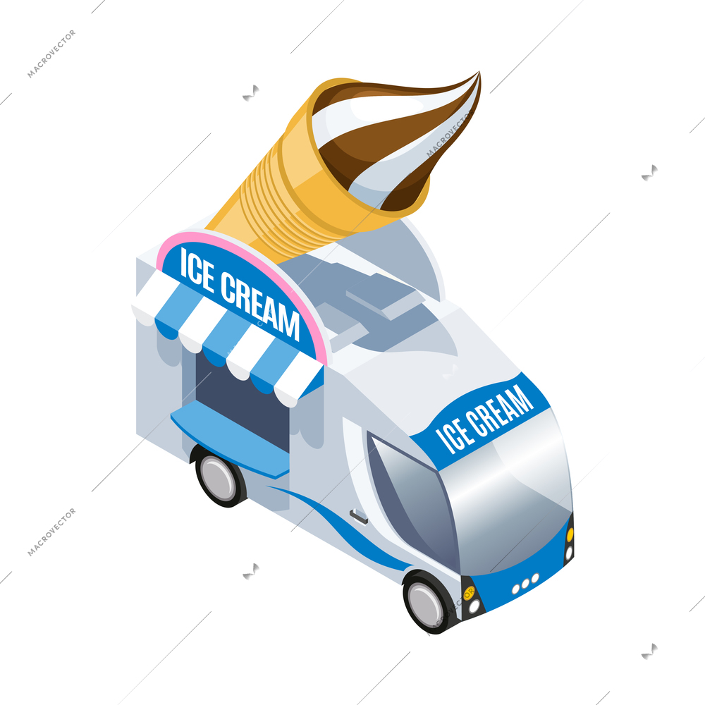 Isometric ice cream food truck on white background 3d vector illustration