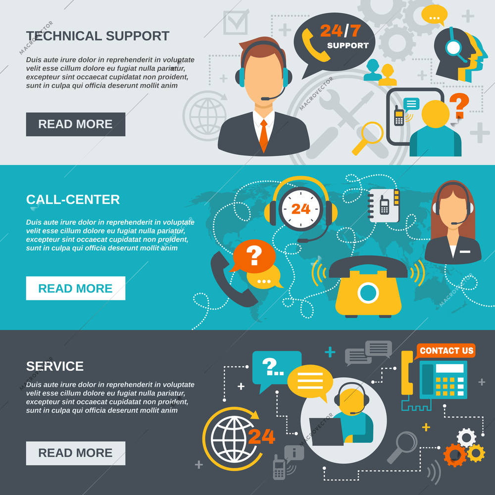 Technical support call center and service flat banner set isolated vector illustration