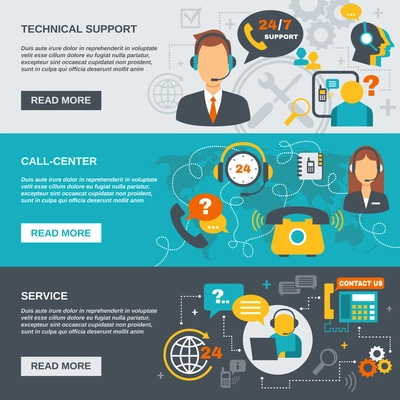 Technical support call center and service flat banner set isolated vector illustration