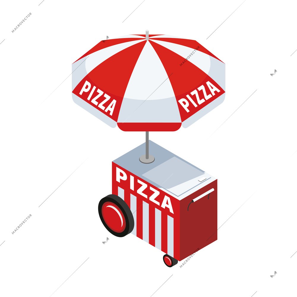 Street food cart with striped umbrella vending pizza 3d isometric vector illustration