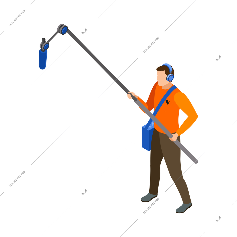 Isometric male character of tv boom operator with microphone and headphones 3d vector illustration