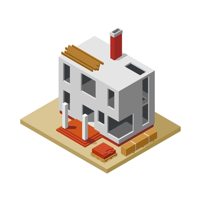 Private house construction phase isometric icon with unfinished building and materials 3d vector illustration