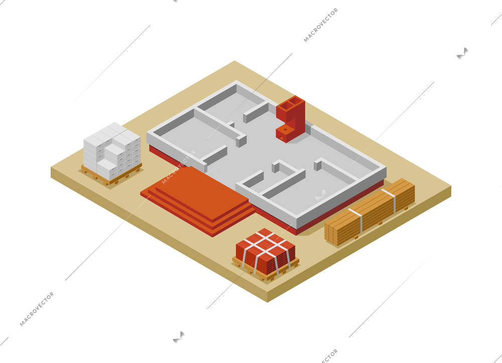 House construction phase isometric icon with building footing and materials 3d vector illustration