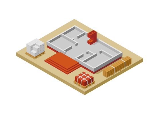 House construction phase isometric icon with building footing and materials 3d vector illustration