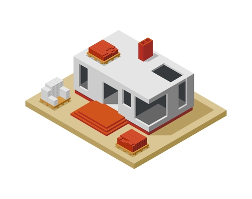 House construction phase isometric icon with unfinished residential building and materials 3d vector illustration