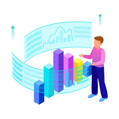 Isometric business analytics icon with colorful bar graphs 3d vector illustration