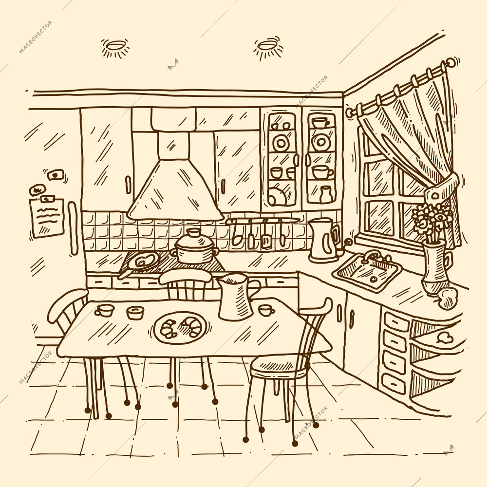 Kitchen interior sketch with indoors home decor room apartment vector illustration