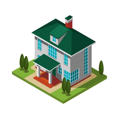 Isometric private house with green yard 3d vector illustration