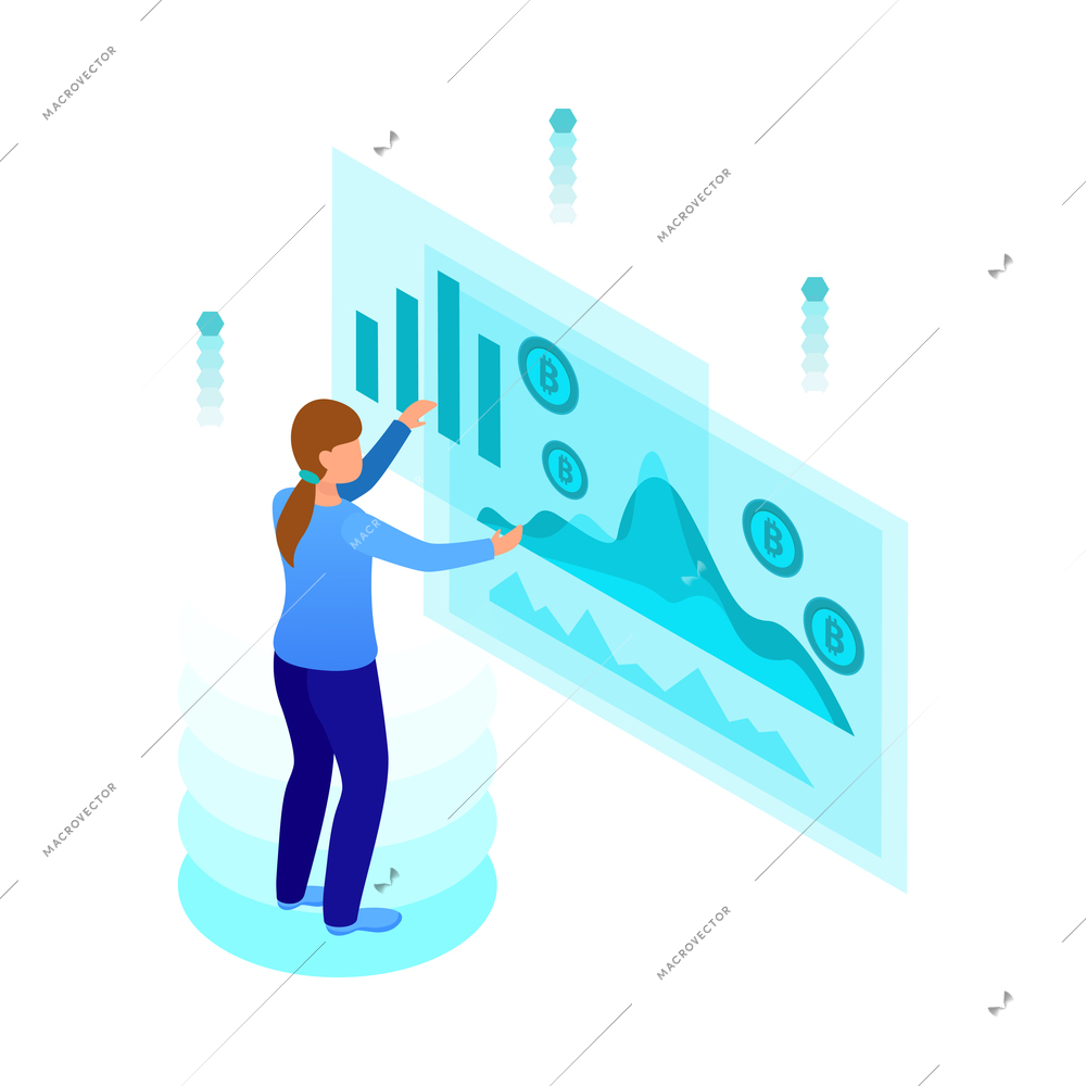 Business analytics icon with female character interacting with virtual screen and financial charts 3d vector illustration