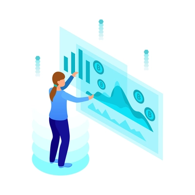 Business analytics icon with female character interacting with virtual screen and financial charts 3d vector illustration