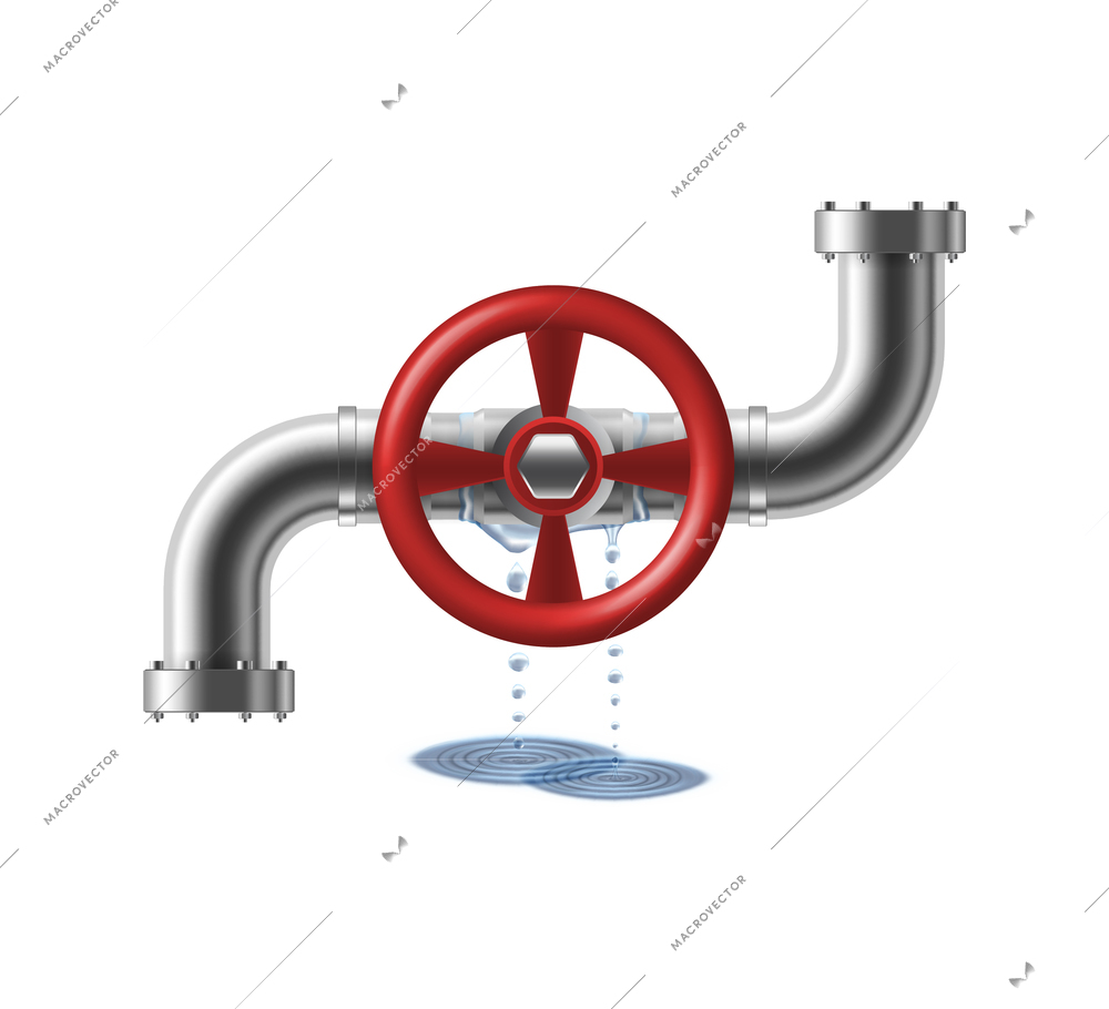 Pipeline burst with leaking pipe and valve realistic vector illustration