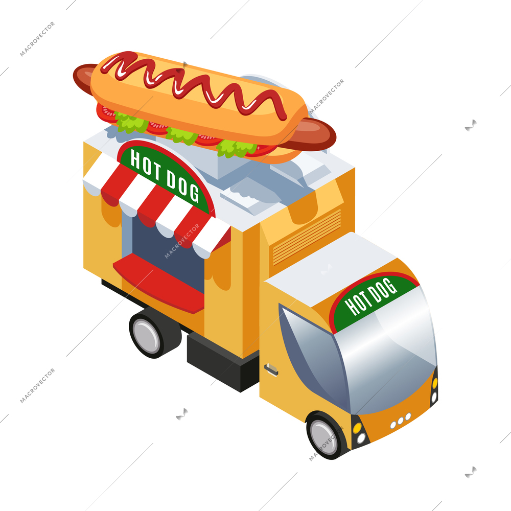 Isometric colorful street food truck selling hotdogs 3d vector illustration