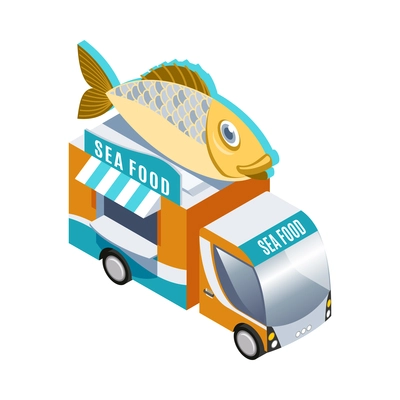 Isometric fast sea food truck on white background 3d vector illustration