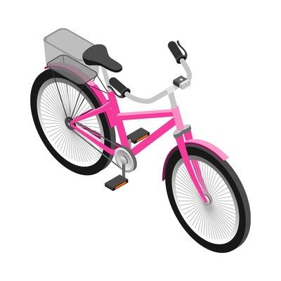 Isometric pink bicycle with basket on white background 3d vector illustration