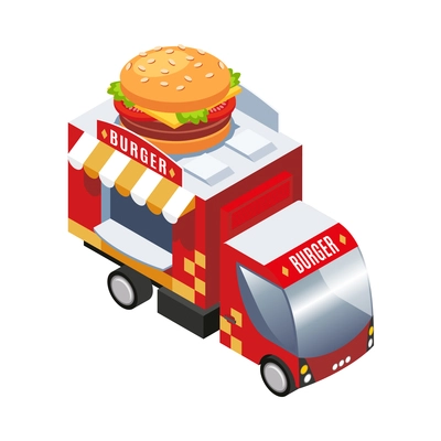 Isometric colorful food truck with burgers and fast food 3d vector illustration