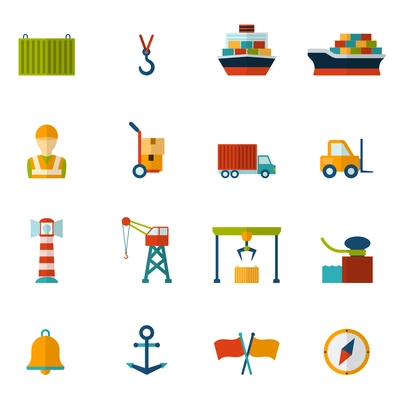 Seaport flat icon set with container tanker vessel loader isolated vector illustration