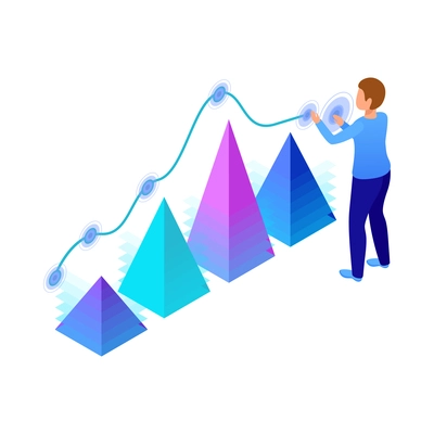 Isometric glowing business analytics icon with man interacting with financial graphs 3d vector illustration