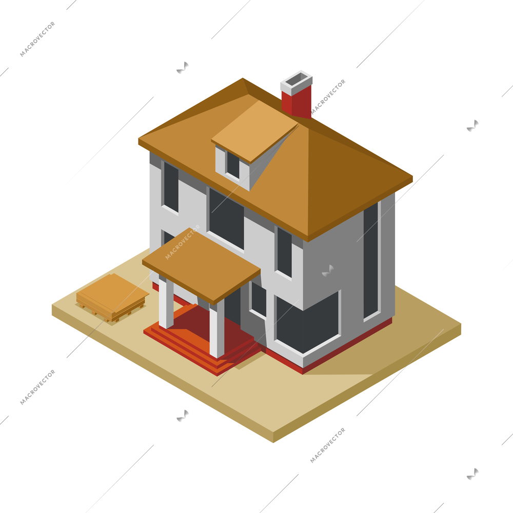 House construction phase with unfinished buidling 3d isometric vector illustration