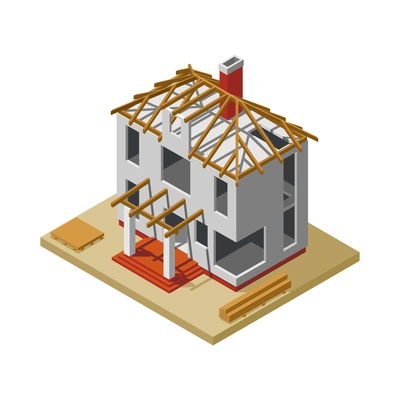 Isometric private house construction process 3d icon vector illustration