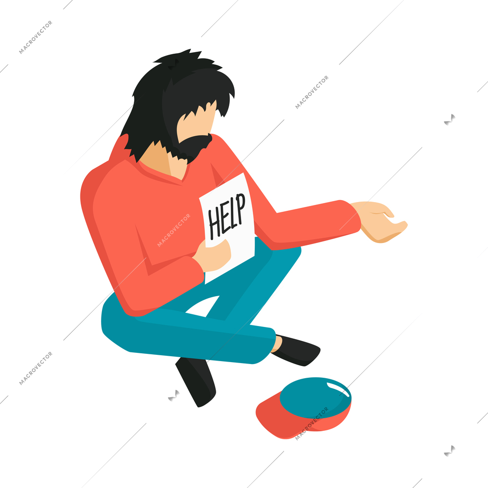 Poor homeless man asking for help and money 3d isometric vector illustration