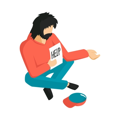 Poor homeless man asking for help and money 3d isometric vector illustration