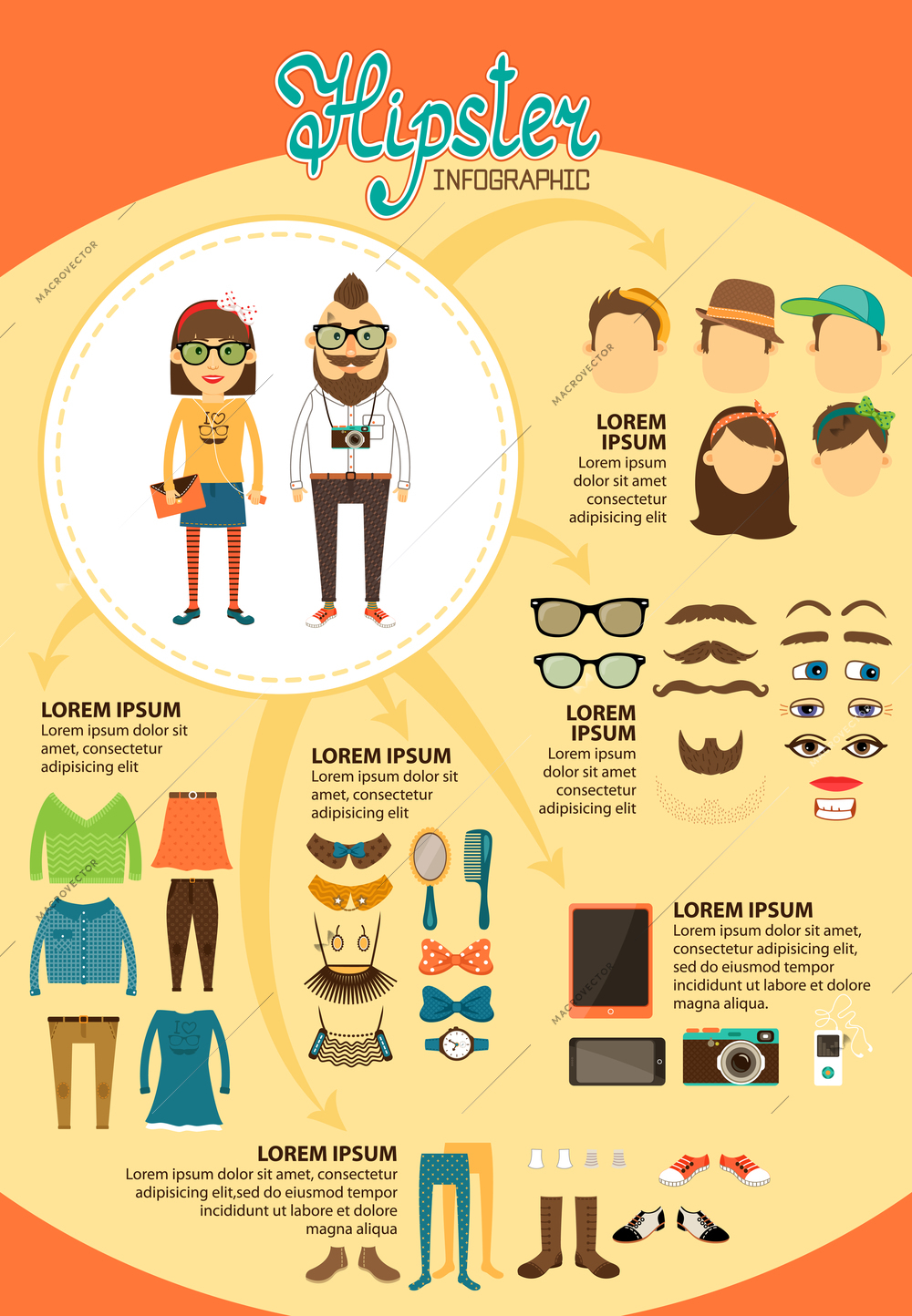 Hipster infographics with fashion design elements for vintage presentation and marketing report vector illustration