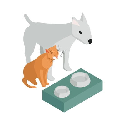 Charity animal food donation isometric icon with cat and dog in front of empty bowls 3d vector illustration