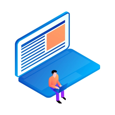 Gadget interface isometric icon with laptop and tiny character 3d vector illustration