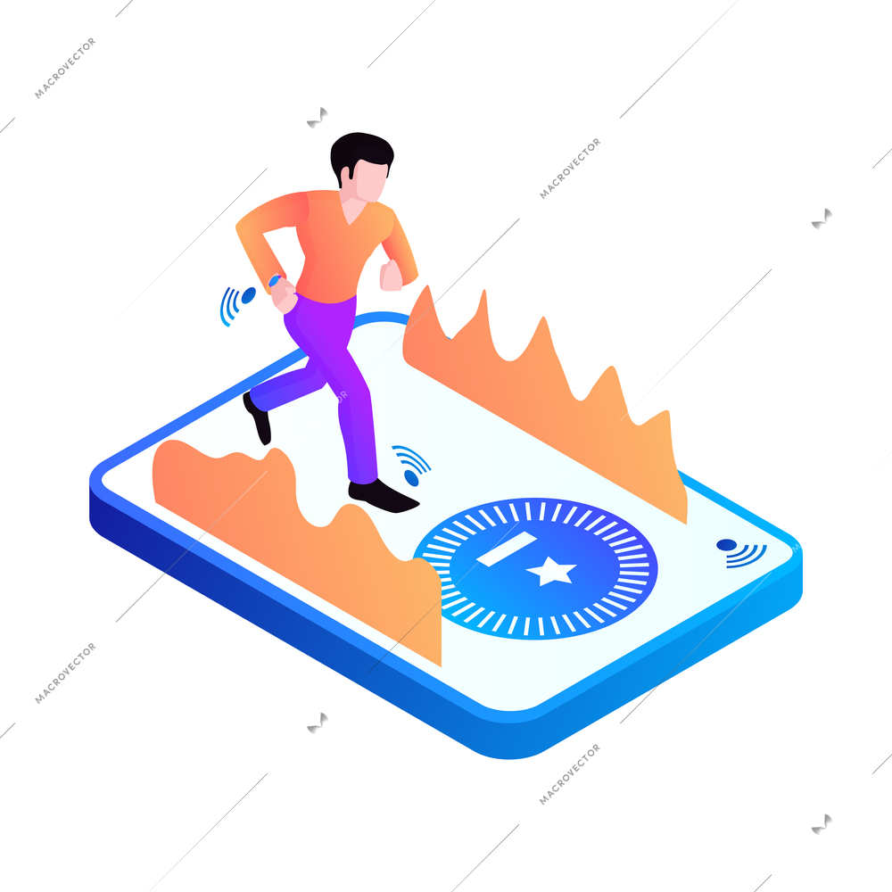 Technology gadget interface isometric icon with running man and 3d device vector illustration