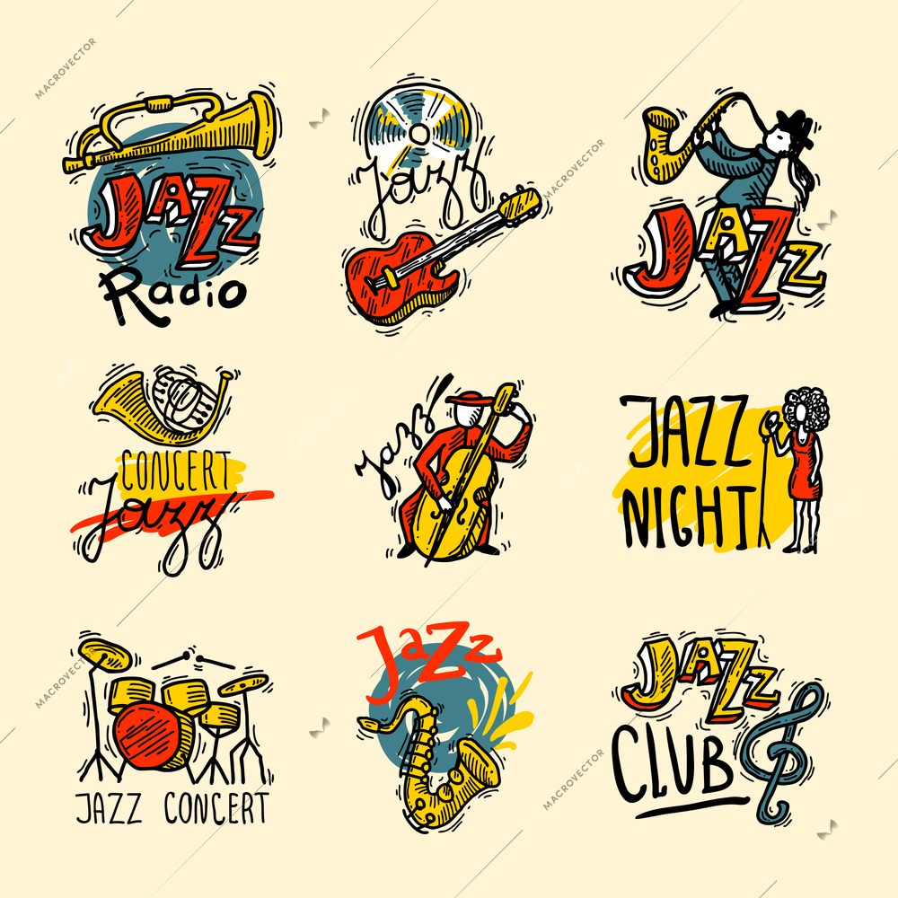 Jazz sketch labels set with music club radio instruments isolated vector illustration