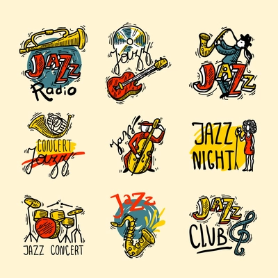 Jazz sketch labels set with music club radio instruments isolated vector illustration