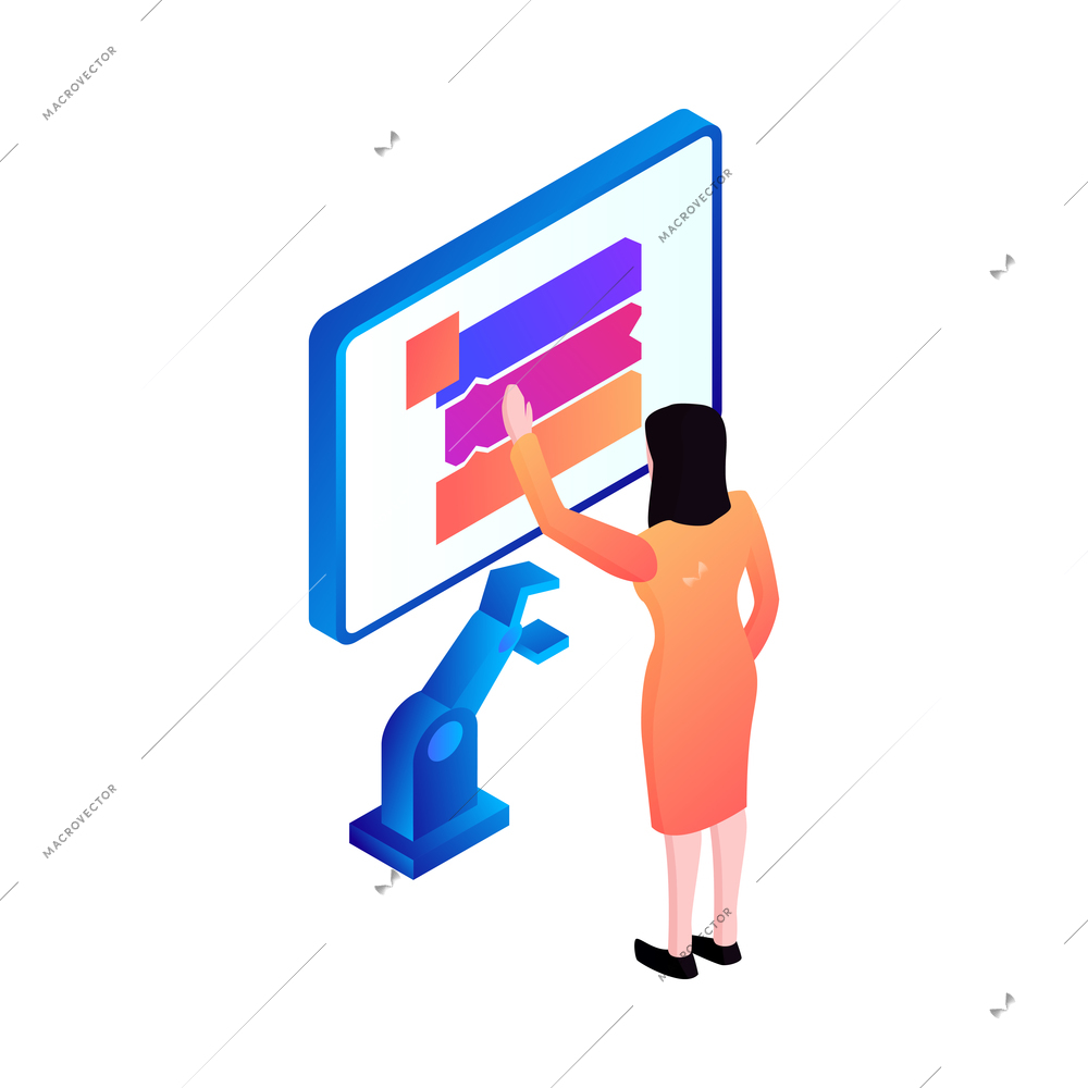 Gadget interface isometric icon with female character using touch screen electronic device 3d vector illustration