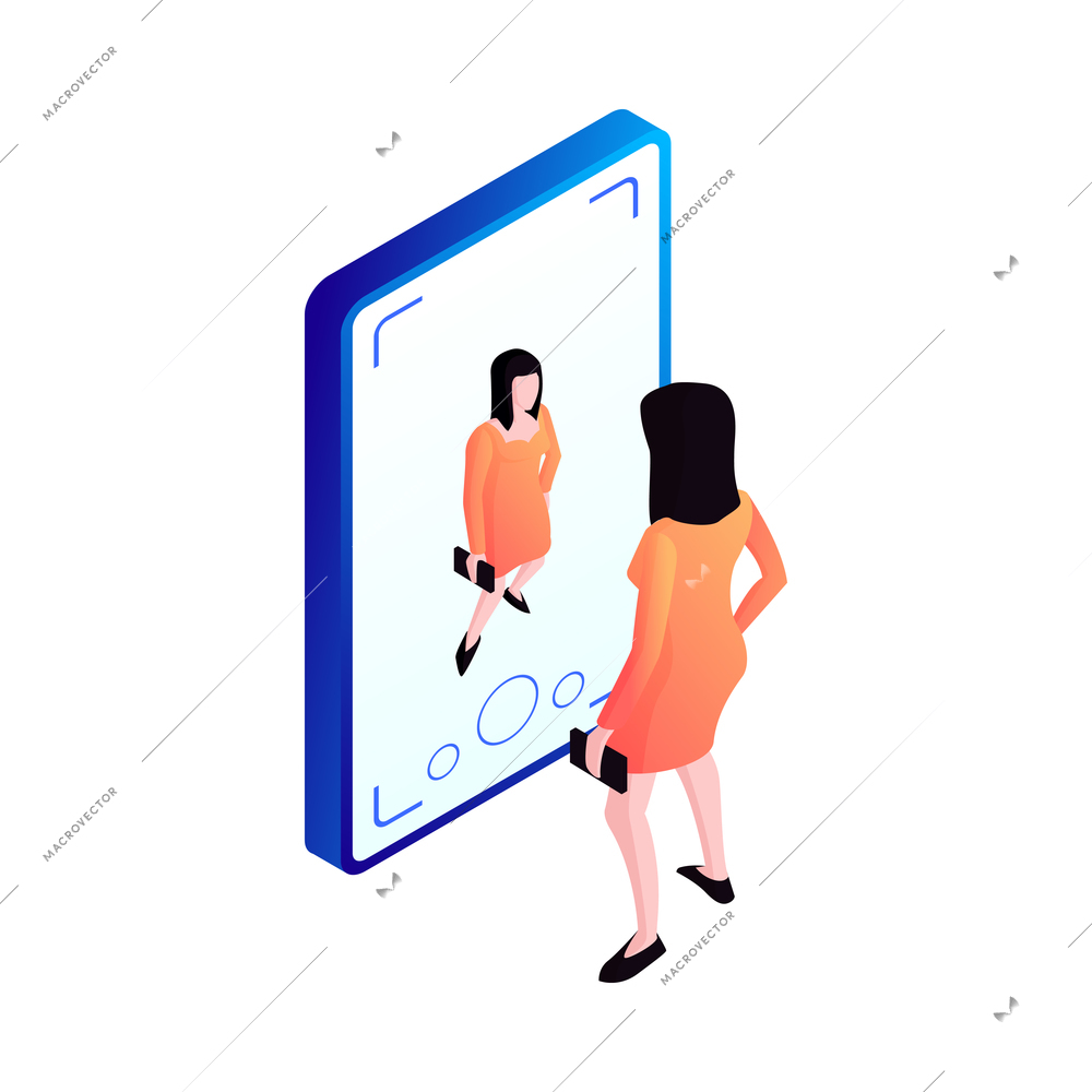 Isometric gadget interface icon with female character using smartphone screen as mirror 3d vector illustration
