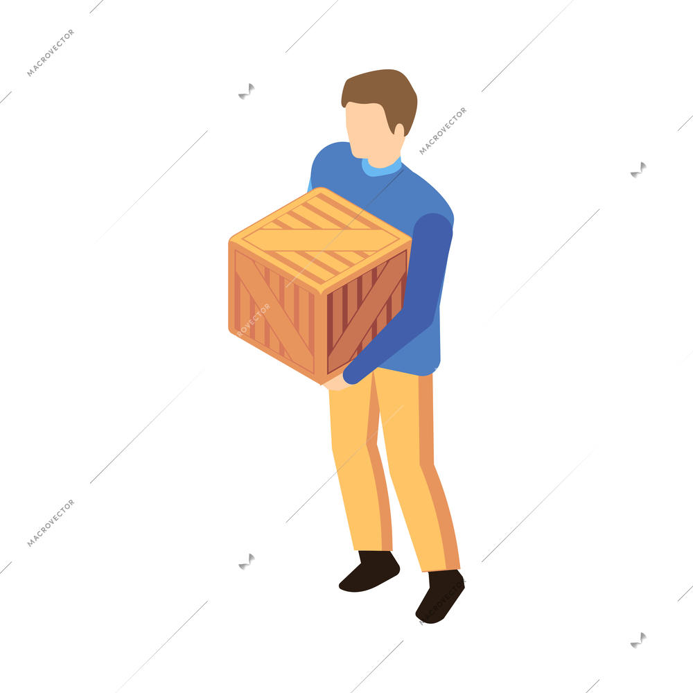 Isometric delivery logistics icon with warehouse worker holding wooden box 3d vector illustration