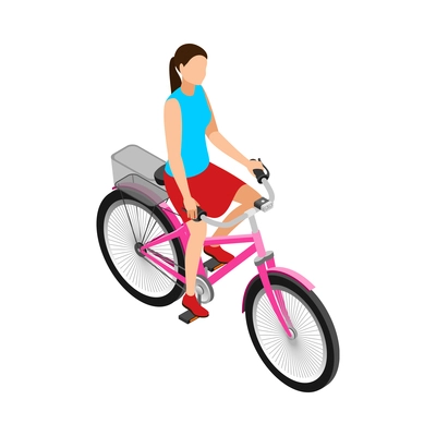 Girl riding pink bike with front light and basket 3d isometric vector illustration