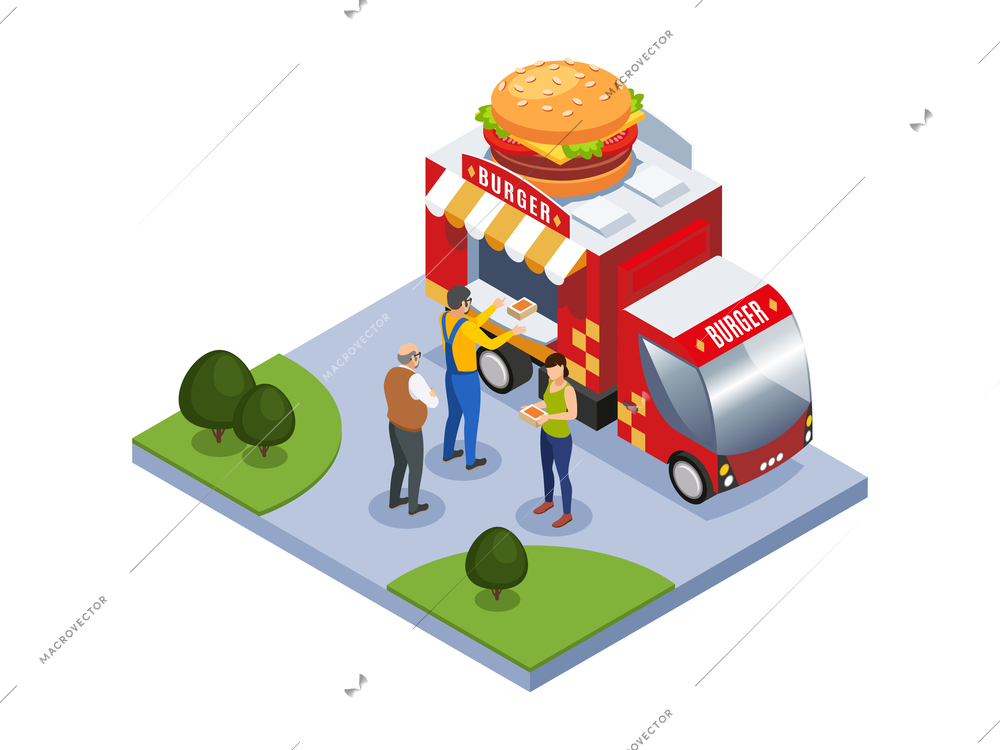 People buying burgers in street fast food truck isometric composition 3d vector illustration