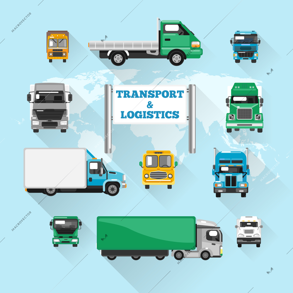 Trucks transport and logistics delivery icons flat with world map vector illustration