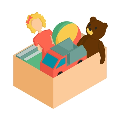 Isometric donation concept icon with toys and books in box 3d vector illustration