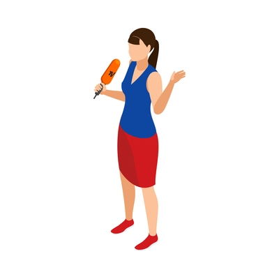 Young female reporter with microphone 3d isometric vector illustration