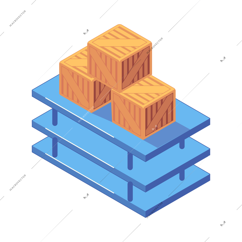 Warehouse isometric icon with wooden boxes on shelf 3d vector illustration
