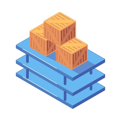 Warehouse isometric icon with wooden boxes on shelf 3d vector illustration