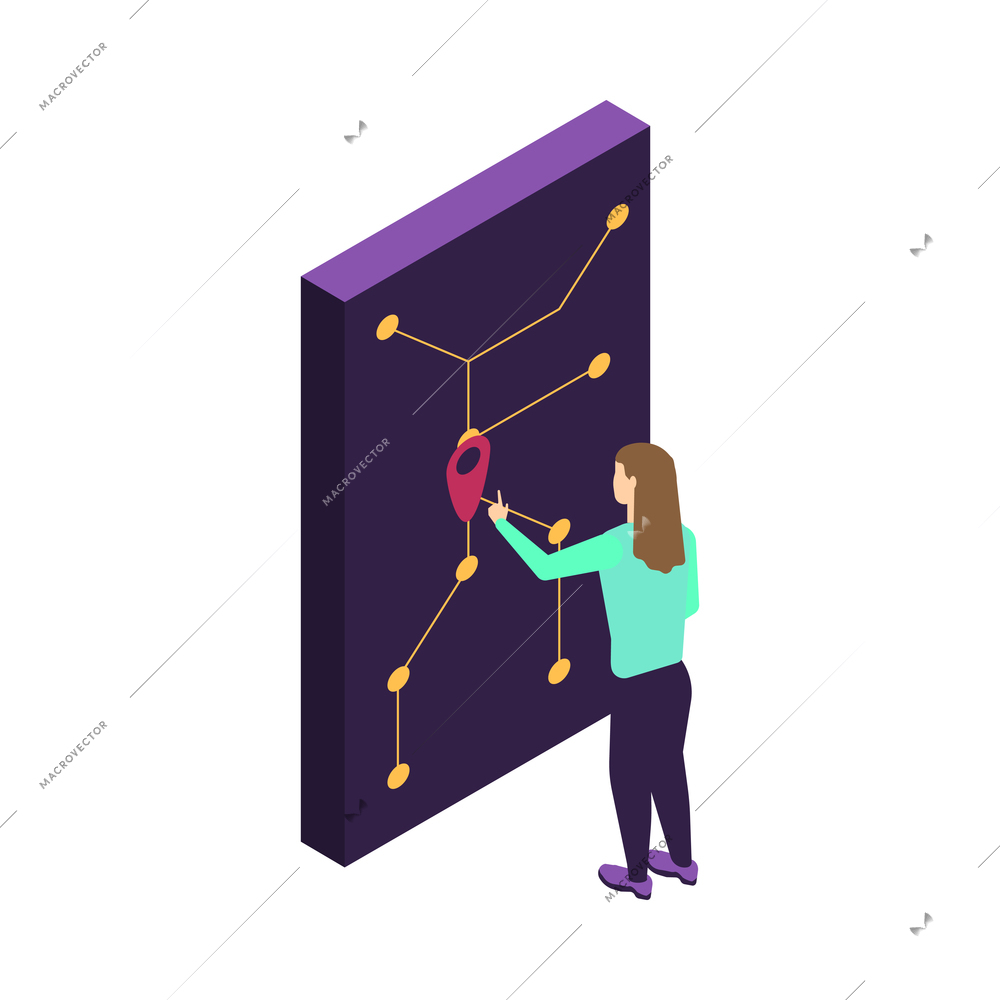 Isometric smart city neon icon with woman using information kiosk 3d vector illustration