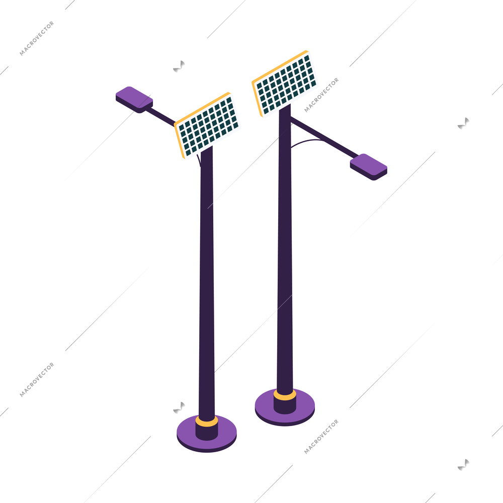 Isometric smart city technology neon icon with solar panels on street lamp posts 3d vector illustration